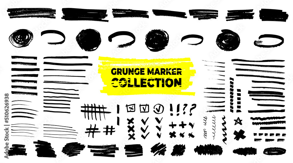 Big set of grunge roughly torn shapes. Marker highlighter collection. Vector background. Edge frames bundle. Distressed strokes, spots, borders and dividers. Hand drawn doodle design elements - obrazy, fototapety, plakaty 