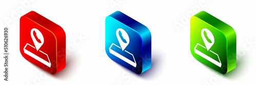 Isometric Map pointer with telephone or communication icon isolated on white background. Call center location. Red, blue and green square button. Vector
