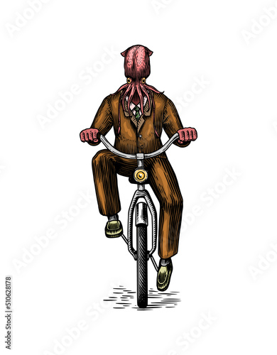 Squid man in a suit rides a bicycle. Octopus or Mollusca. Fashion animal character. Hand drawn woodcut outline sketch. Vector engraved illustration for logo and tattoo or T-shirts.