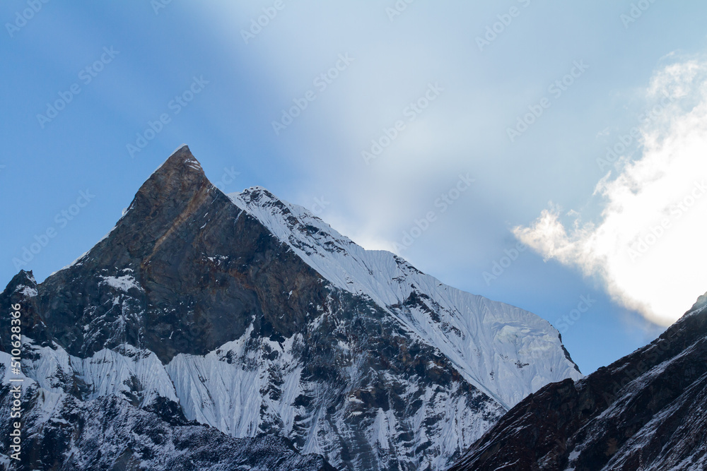 View of Mount Machapuchare from Nepali meaning Fishtail Mountain, Annapurna Conservation Area, Himalaya, Nepal.