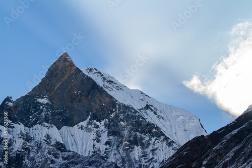 View of Mount Machapuchare from Nepali meaning Fishtail Mountain, Annapurna Conservation Area, Himalaya, Nepal.