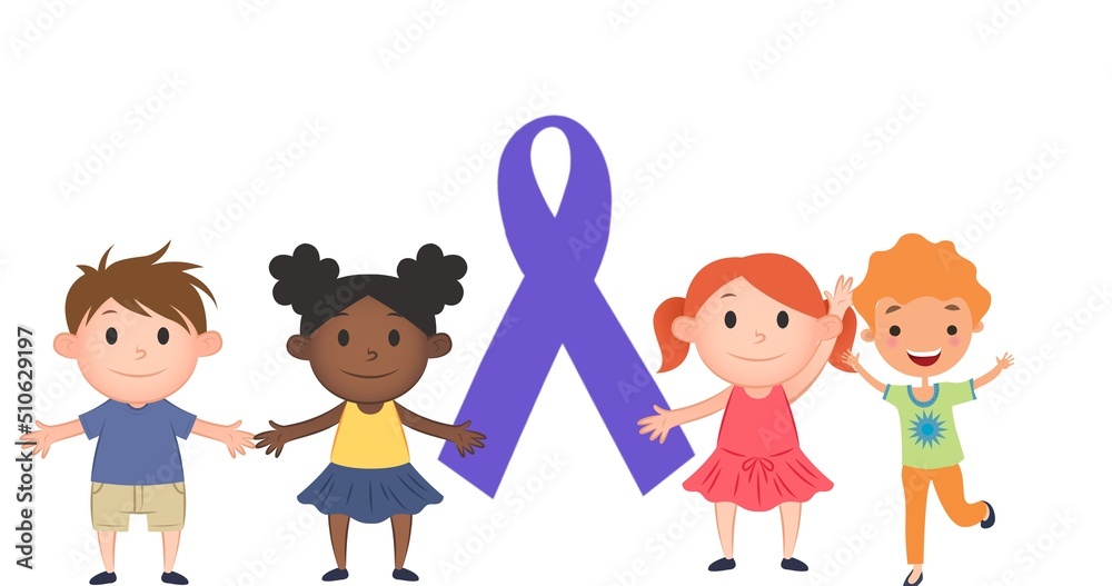 Illustrative image of cute children with blue awareness ribbon on white background, copy space Illustrative image of cute children with blue awareness ribbon on white background, copy space