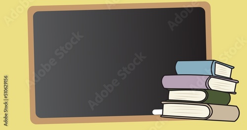 Illustrative image of writing slate with stack of books against yellow background, copy space