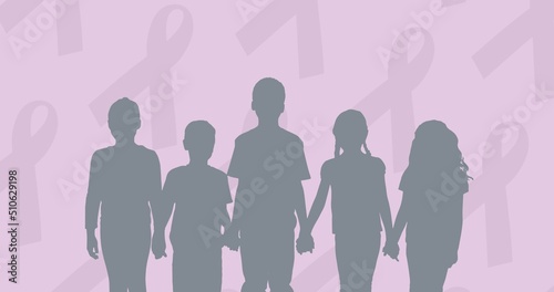 Illustration of children holding hands and awareness ribbons on purple background  copy space