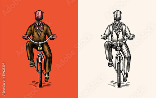 Squid man in a suit rides a bicycle. Octopus or Mollusca. Fashion animal character. Hand drawn woodcut outline sketch. Vector engraved illustration for logo and tattoo or T-shirts.
