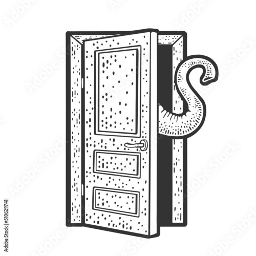 elephant trunk behind door sketch engraving vector illustration. T-shirt apparel print design. Scratch board imitation. Black and white hand drawn image.