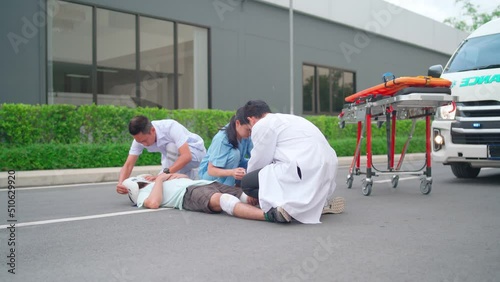 Professional hospital emergency team do the process of safety patient movement such as stable neg and first aid caring before move the patient by ambulance. photo