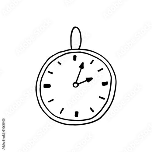 Vintage small round pocket watch. Doodle. Hand drawn Vector illustration. Outline.