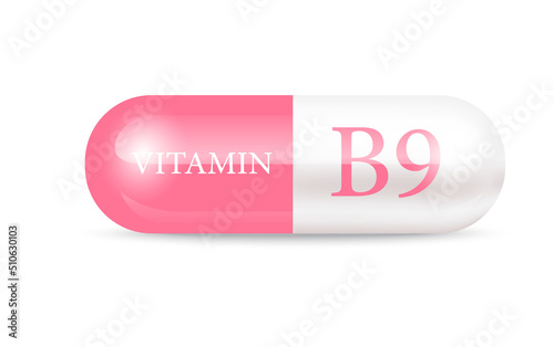 Capsule vitamin B9 structure pink and white. Beauty concept. Personal care. 3D Vector Illustration. transparent capsule pill. Drug business concept. Vitamin complex with chemical formula.