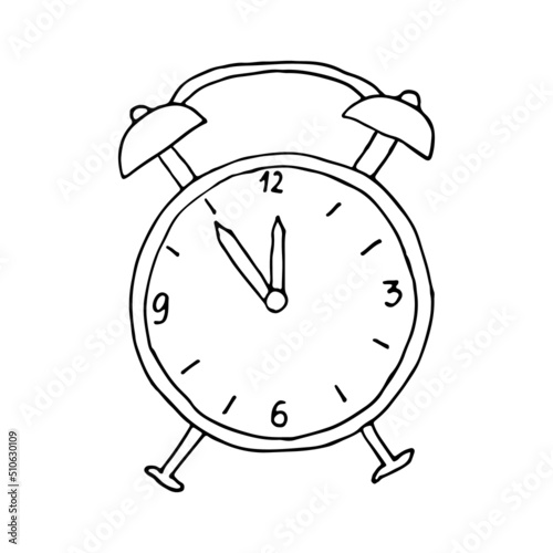 Vintage alarm clock with a round dial on legs. Doodle. Hand drawn Vector illustration. Outline.