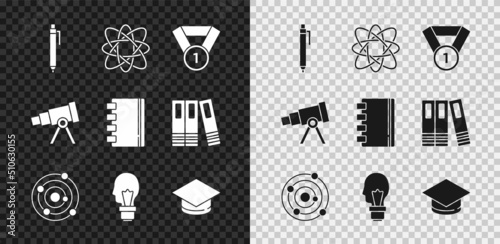 Set Pen, Atom, Medal, Solar system, Light bulb with concept of idea, Graduation cap, Telescope and Spiral notebook icon. Vector