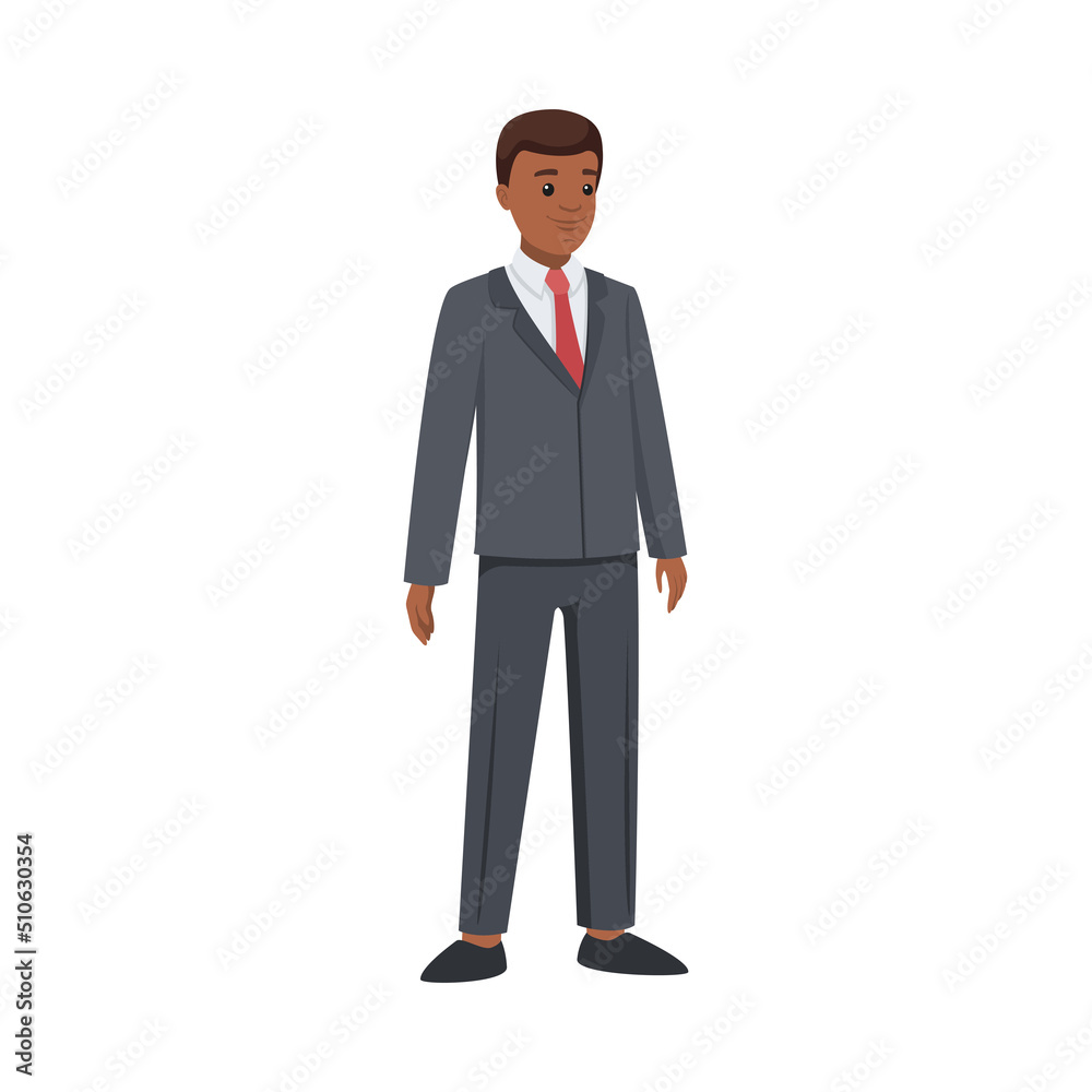 Office African American Man Character in Suit and Red Tie Standing and Smiling Vector Illustration Office African American Man Character in Suit and Red Tie Standing and Smiling Vector Illustration