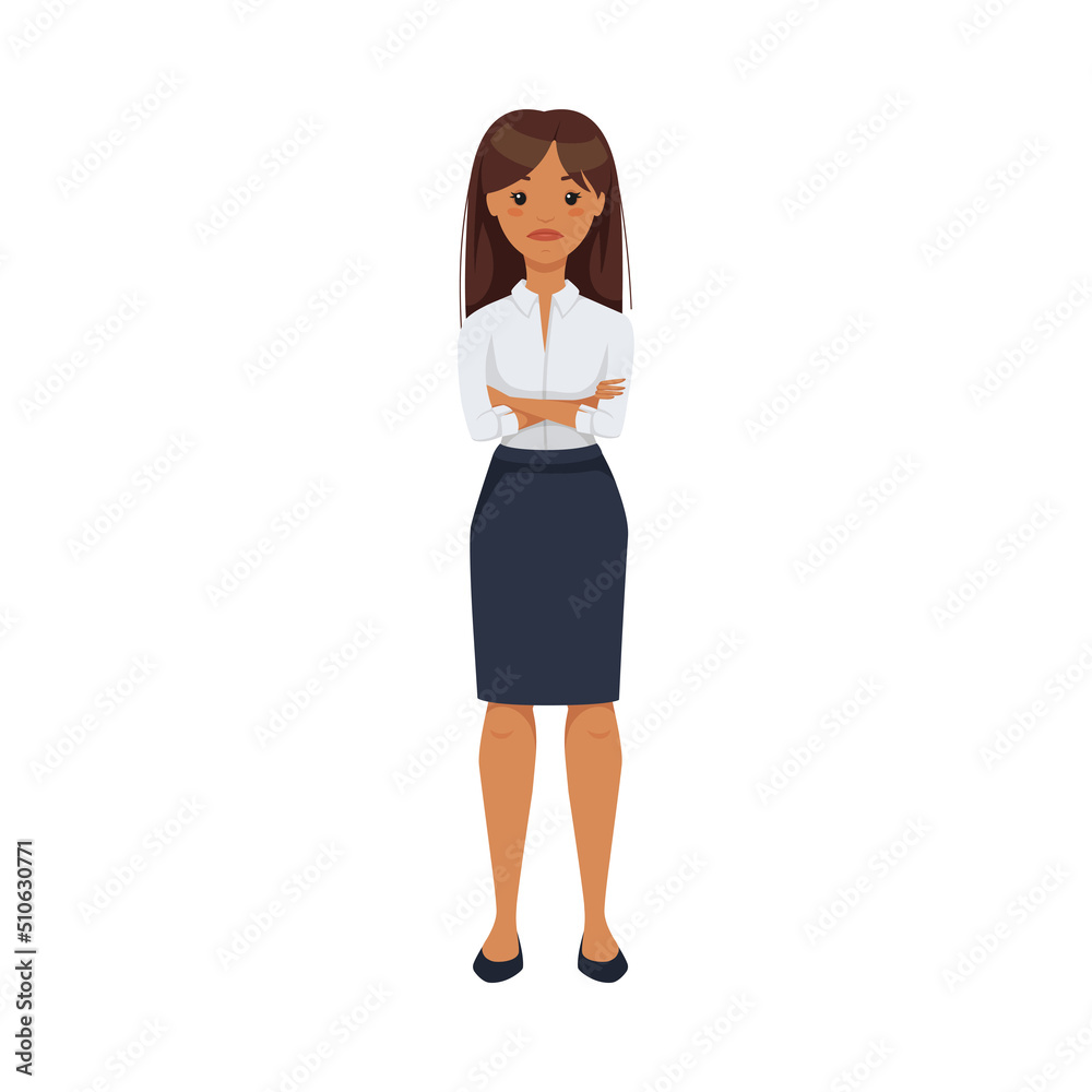 Office Woman Character Wearing White Blouse and Skirt in Standing Pose with Folded Arms Vector Illustration Office Woman Character Wearing White Blouse and Skirt in Standing Pose with Folded Arms Vector Illustration