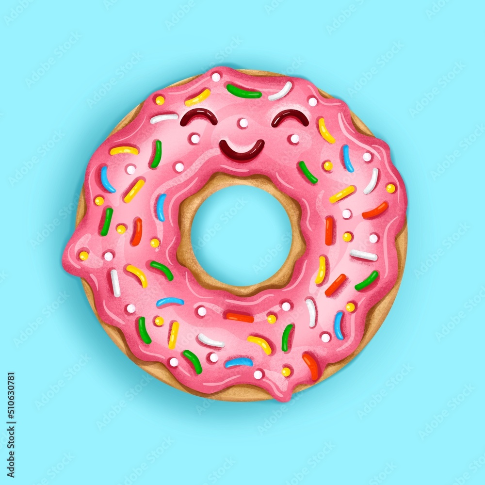 Illustration of a cute pink cartoon donut with pink icing. Realistic illustration. Illustration of a cute pink cartoon donut with pink icing. Realistic illustration.