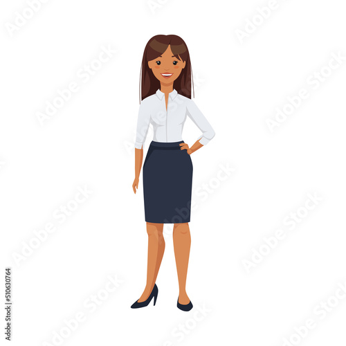 Office Woman Character Wearing White Blouse and Skirt in Standing Pose Vector Illustration