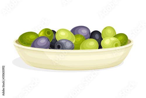 Olives Cultivar with Black and Green Drupe Fruit Rested on Plate Vector Illustration