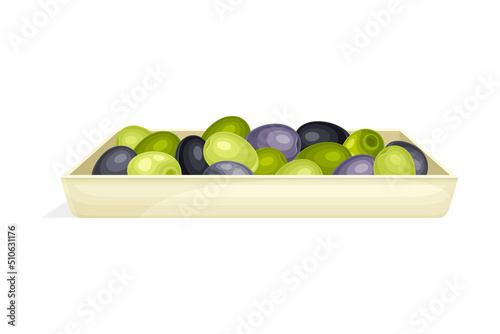 Olives Cultivar with Black and Green Drupe Fruit Rested on Plate Vector Illustration