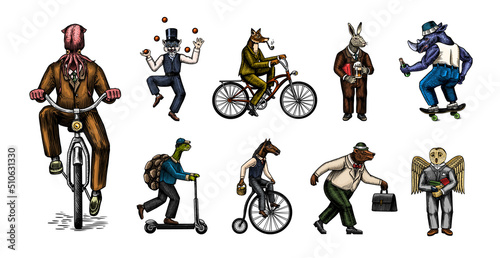 Fox on a bicycle, Cat juggler, turtle on a scooter. Bear, horse, hare, Owl, Squid. Fashion Animal characters set. Hand drawn sketch. Vector engraved illustration for label, logo and T-shirts.