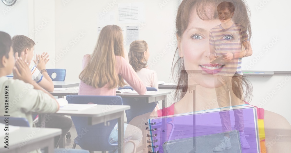 Composite of portrait of caucasian woman with books and multiracial students studying in classroom Composite of portrait of caucasian woman with books and multiracial students studying in classroom