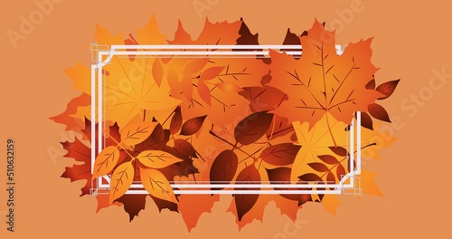 Illustrative image of maple leaves with white frame against orange background, copy space