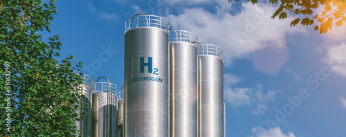Hydrogen renewable energy production - hydrogen gas for clean electricity solar and windturbine facility photo