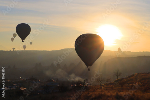 Mountain landscape with hot air balloons in Goreme, Cappadocia, Turkey