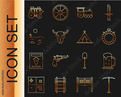 Set line Pickaxe, Wooden beer mug, Canteen water bottle, Retro train, Buffalo skull, Desert landscape with cactus, Western stagecoach and Indian teepee or wigwam icon. Vector