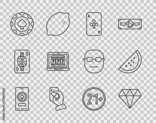 Set line Casino poker tournament invitation, Diamond, Playing card with clubs, Hand holding playing cards, chips, Laptop slot machine, 21 plus and watermelon icon. Vector