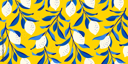 Lemon seamless pattern. Trendy summer background. Vector bright print for fabric or wallpaper.