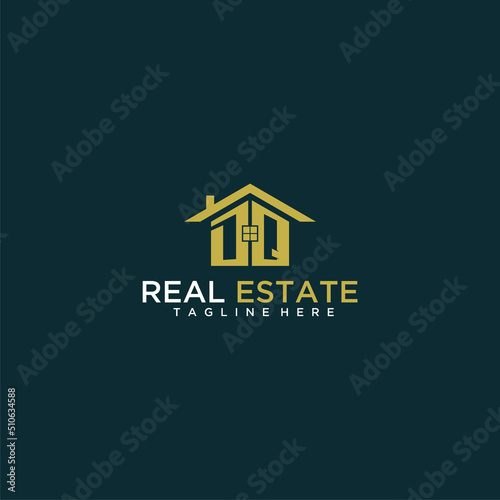 DQ initial monogram logo for real estate with home shape creative design