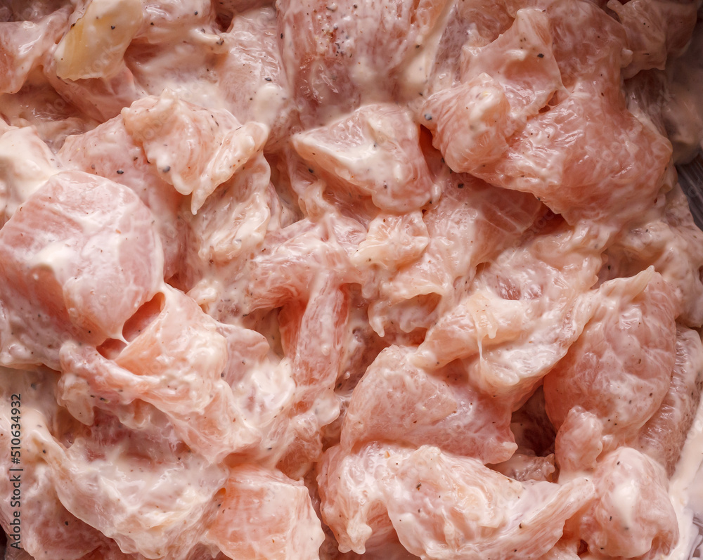Raw chicken sliced in slices in a marinade Raw chicken sliced in slices in a marinade