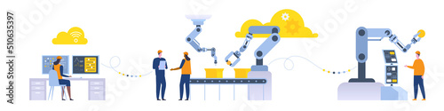 Assembly line with robotic arms and workers Male and female factory workers engineers Automated production process User connecting with a tablet and sharing data with a cyber-physical system Vector
