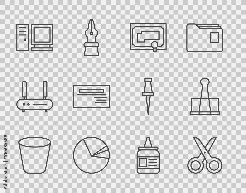 Set line Trash can, Scissors, Certificate template, Pie chart ...