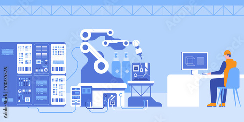 Robotized production line at contemporary plant. Flat color vector illustration. Worker at computer controlling manufacturing process 2D simple cartoon character. Workshop and equipment on background