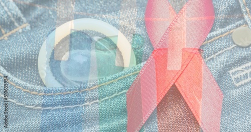 Double exposure of red ribbon with condom in jeans pocket, copy space