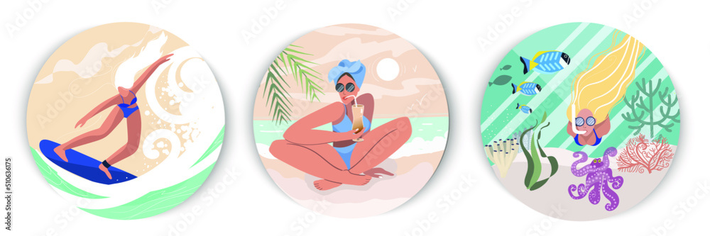 A set of three round designs, a girl is surfing, a girl is swimming underwater and a girl is drinking a cocktail on the beach. Vector illustration of summer time.
