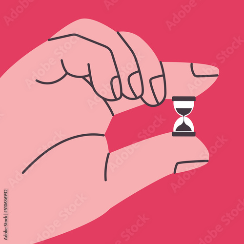 Illustration with a huge hand holding an hourglass on a red background. Business banner about fleeting time. Watch in hand. Vector eps 10.