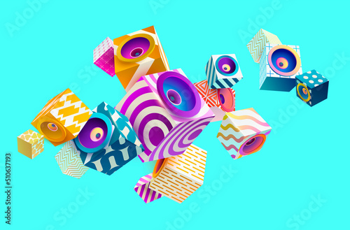 Music poster design with 3D colorful cubes and speaker. Musical vector illustration.