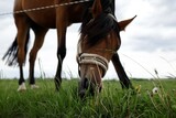 Koń brązowy skubiący trawę