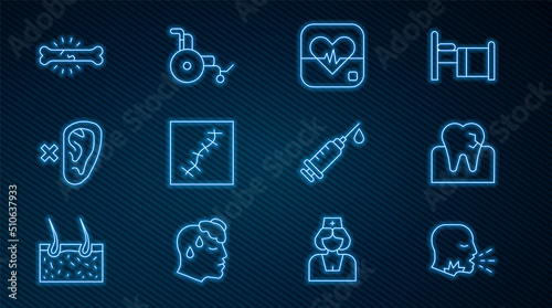 Set line Man coughing, Tooth with caries, Heart rate, Scar suture, Deaf, Bone pain, Syringe and Wheelchair icon. Vector