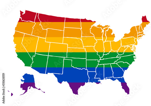 Mapa de Estados Unidos con bandera del orgullo lgbtiq+.