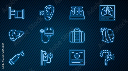 Set line Gut constipation, Toothache, Test tube with blood, Stethoscope, Hepatitis virus, Hospital bed, First aid kit and Deaf icon. Vector
