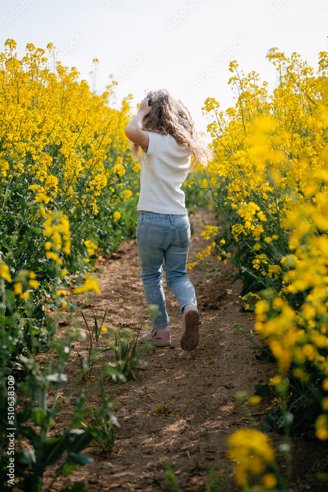 Fototapeta premium Young girl child runs through the summer yellow field back photo