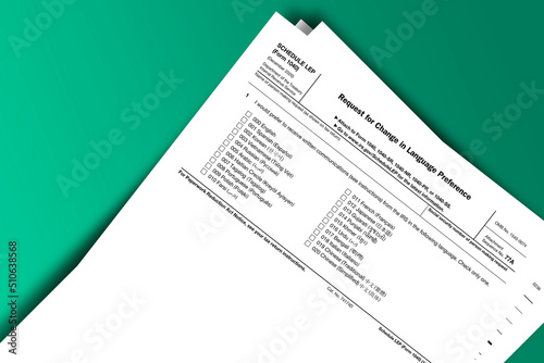 Form 1040 (Schedule LEP) documentation published IRS USA 12.16.2020. American tax document on colored