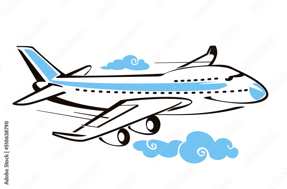 Passenger airplane in the sky, cartoon airplane. Vector illustration of airplane on white 