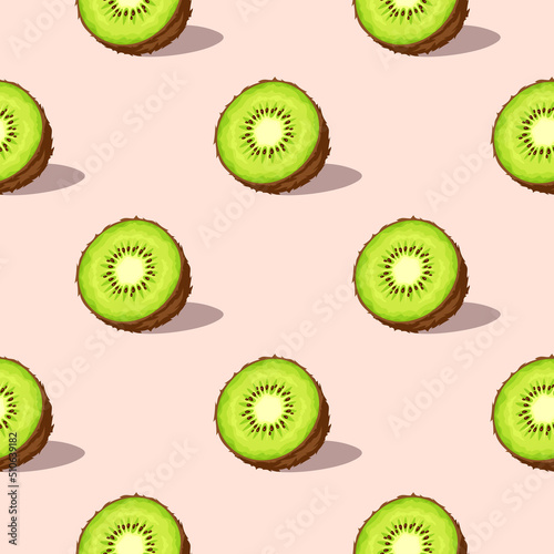 Green kiwi fruit on a pink background. Vector seamless pattern
