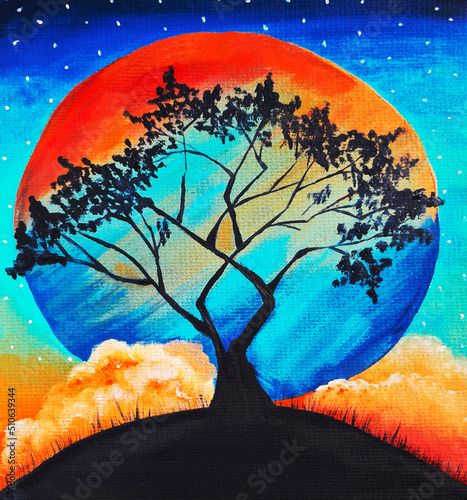 Tableau sur toile illustration a branching tree against a turquoise starry sky with orange-red clo