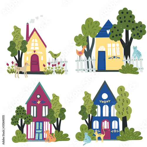 Vector set of houses in cute flat style. Different bright colors and shapes cabins isolated on a white background.