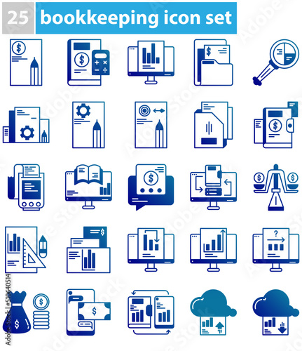 elegant and simple bookkeeping icon set, a set of business and financial bookkeeping equipment icons, line style