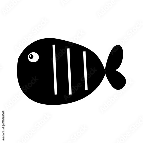 Fish in black silhouette isolated single object on white background. Tropical underwater sea life design element. Pet store icon or logo. Summer clip art. Aquarium tank. Simple flat cartoon style.